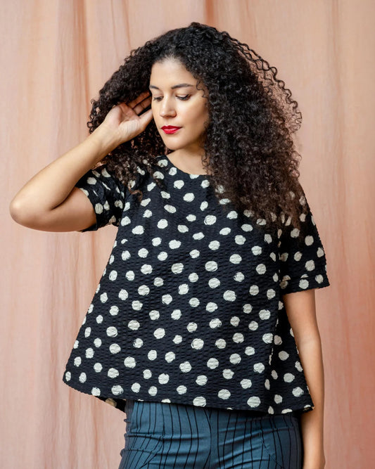 Squasht Puff Sleeve Top in Black with White Dot