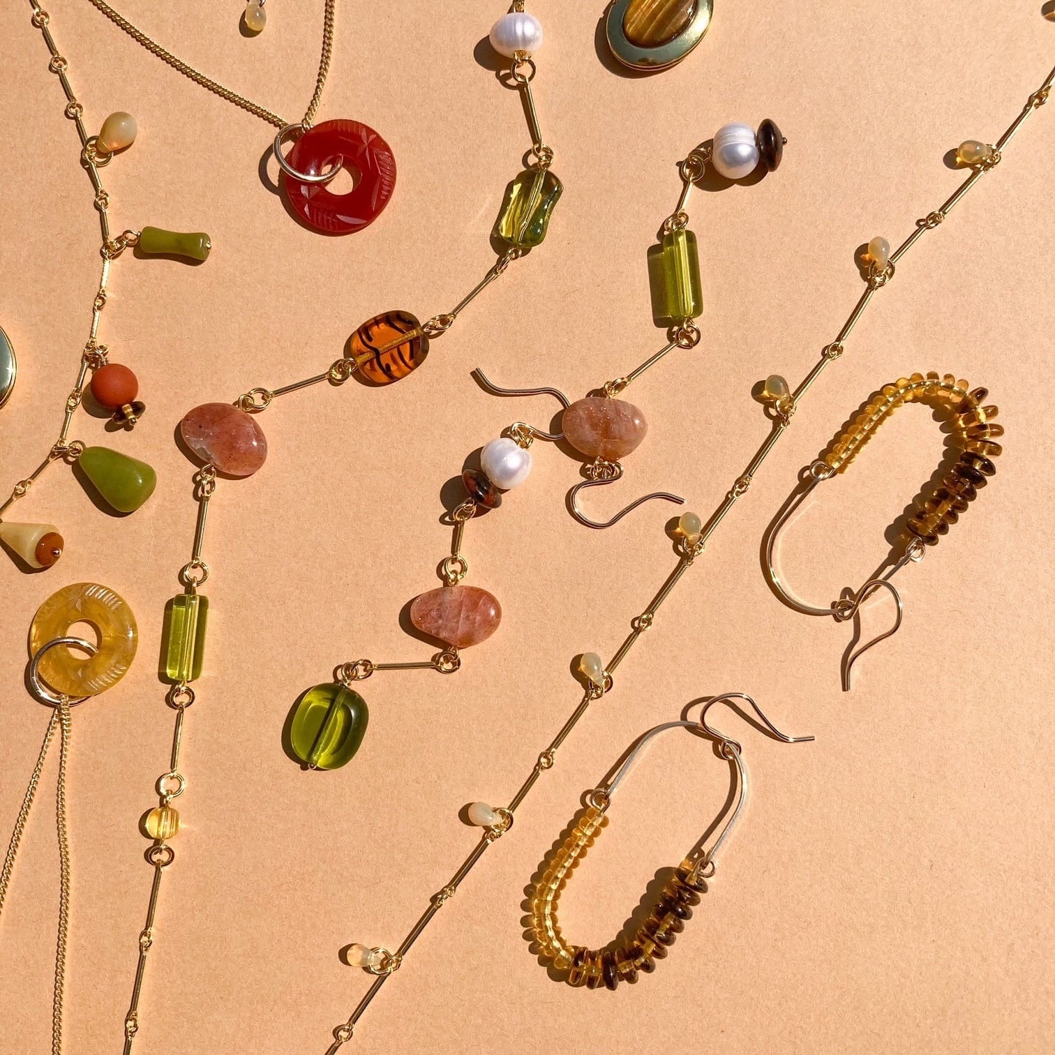 Composition Earrings in Sunstone, Pearl, Mahogany Obsidian, Glass