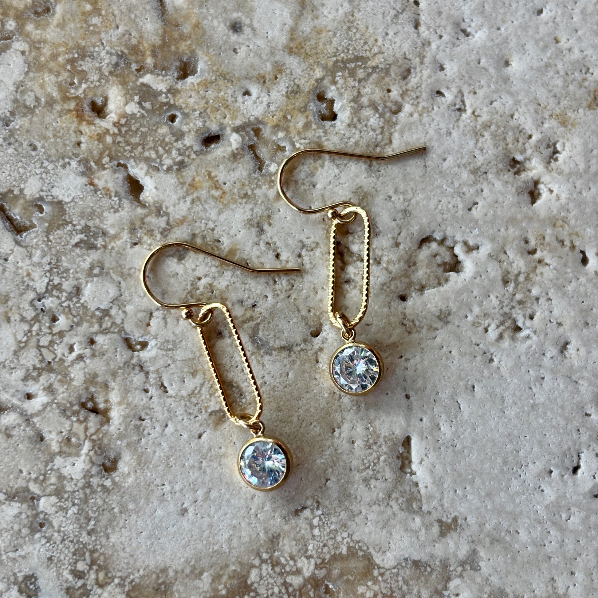 Cubic Zirconia Link Drop Earrings Textured Paperclip Link