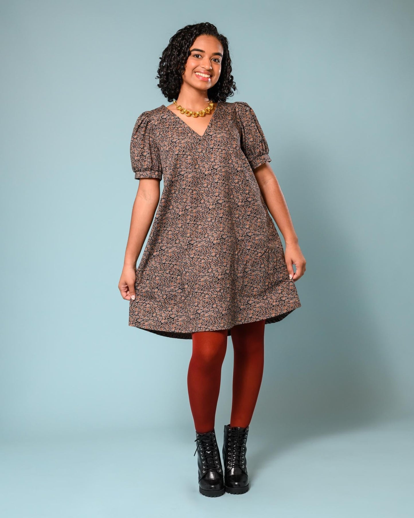 Puff Sleeve Shift Dress in Lava Floral
