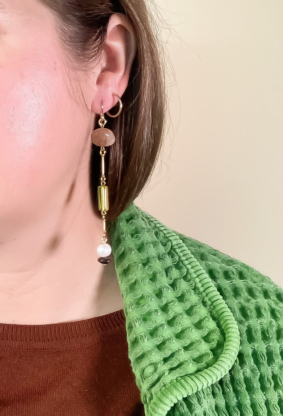 Composition Earrings in Sunstone, Pearl, Mahogany Obsidian, Glass