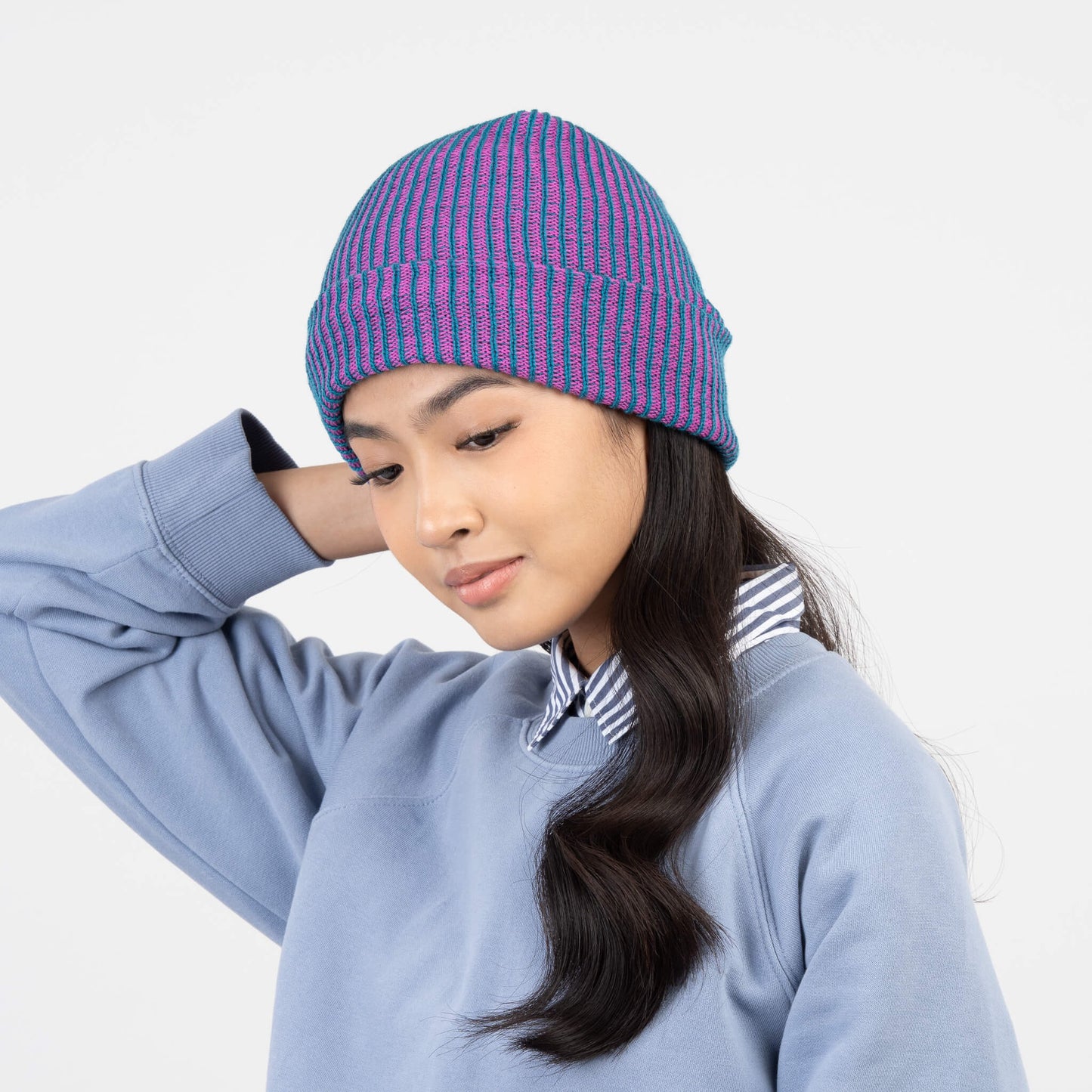 Simple Rib Knit Beanie in Teal Magenta