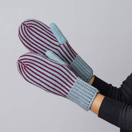 Stripe Knit Mittens in Sky + Burgundy