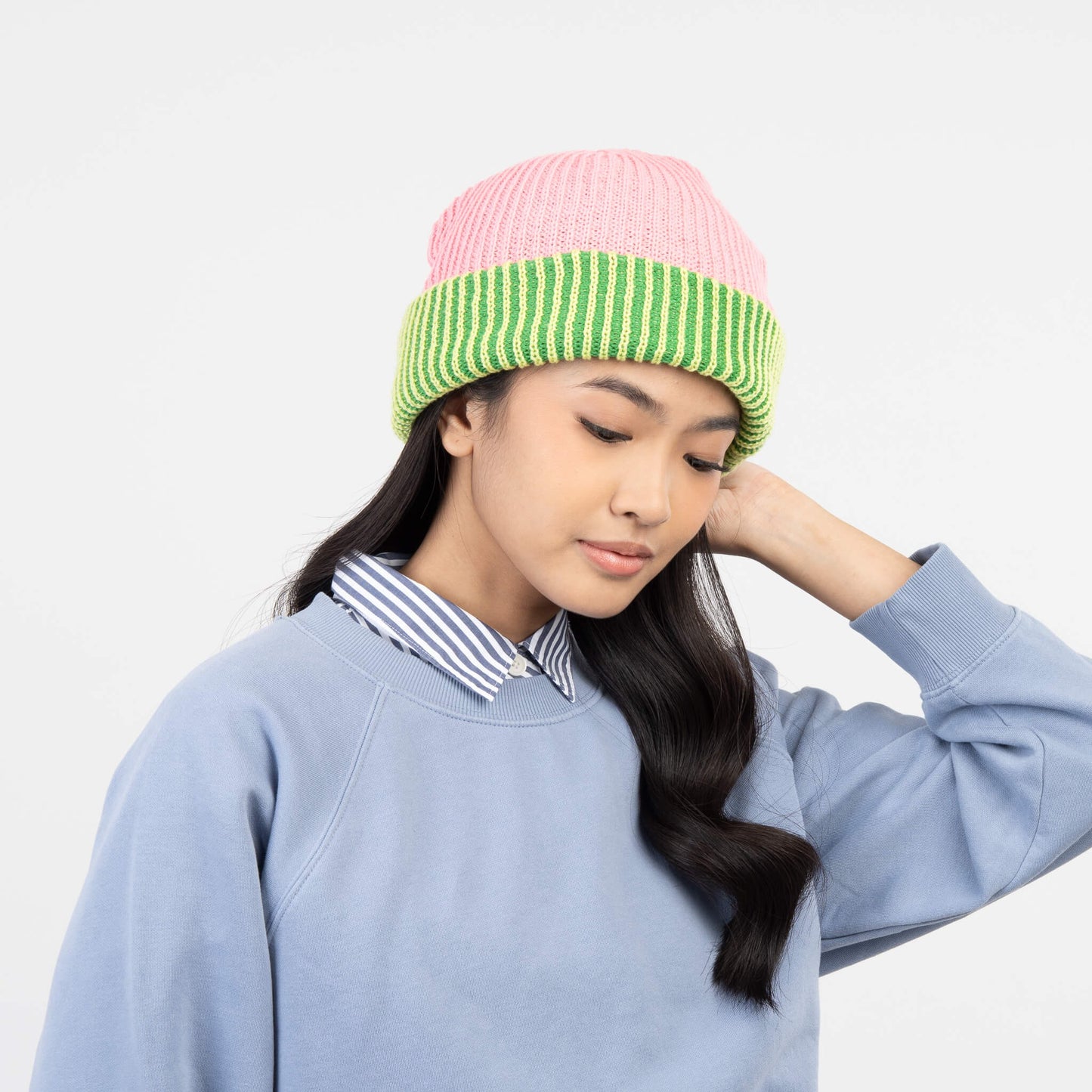 Stripe Cuff Plush Beanie - Pink Lime