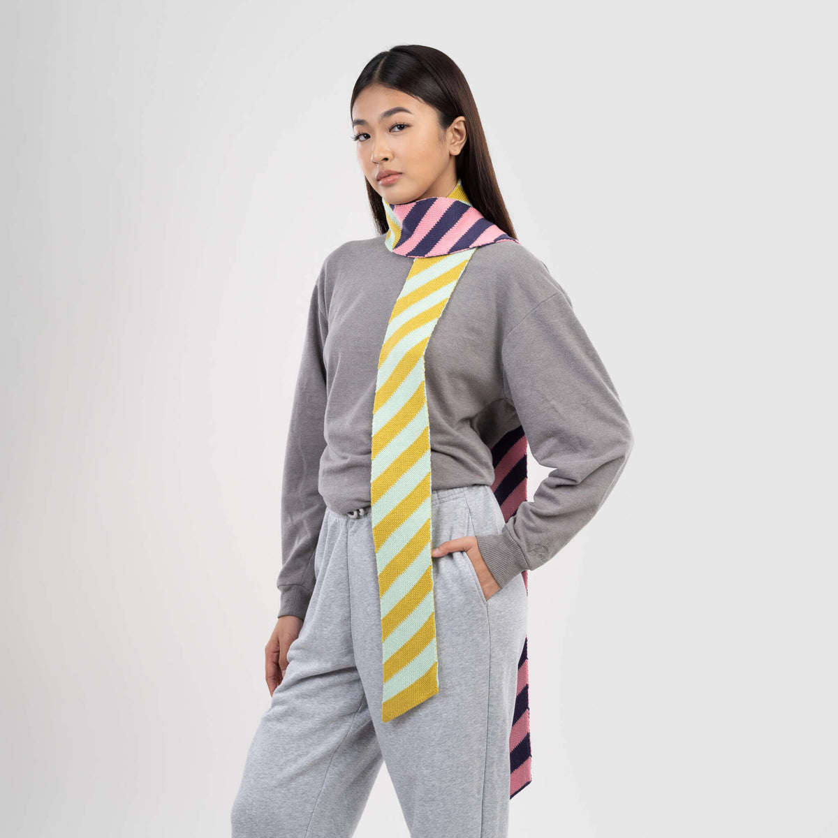 Zipper Stripe Ribbon Scarf - Denim Pink