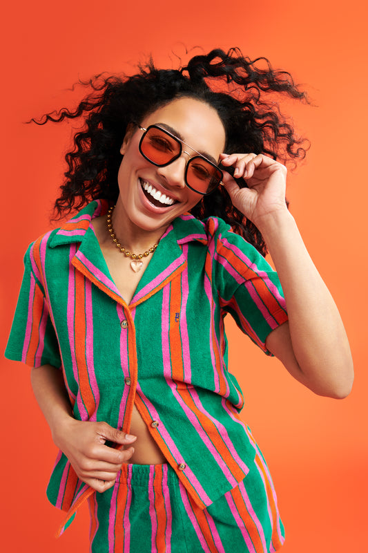 Striped Terry Button Down Short Sleeve Shirt