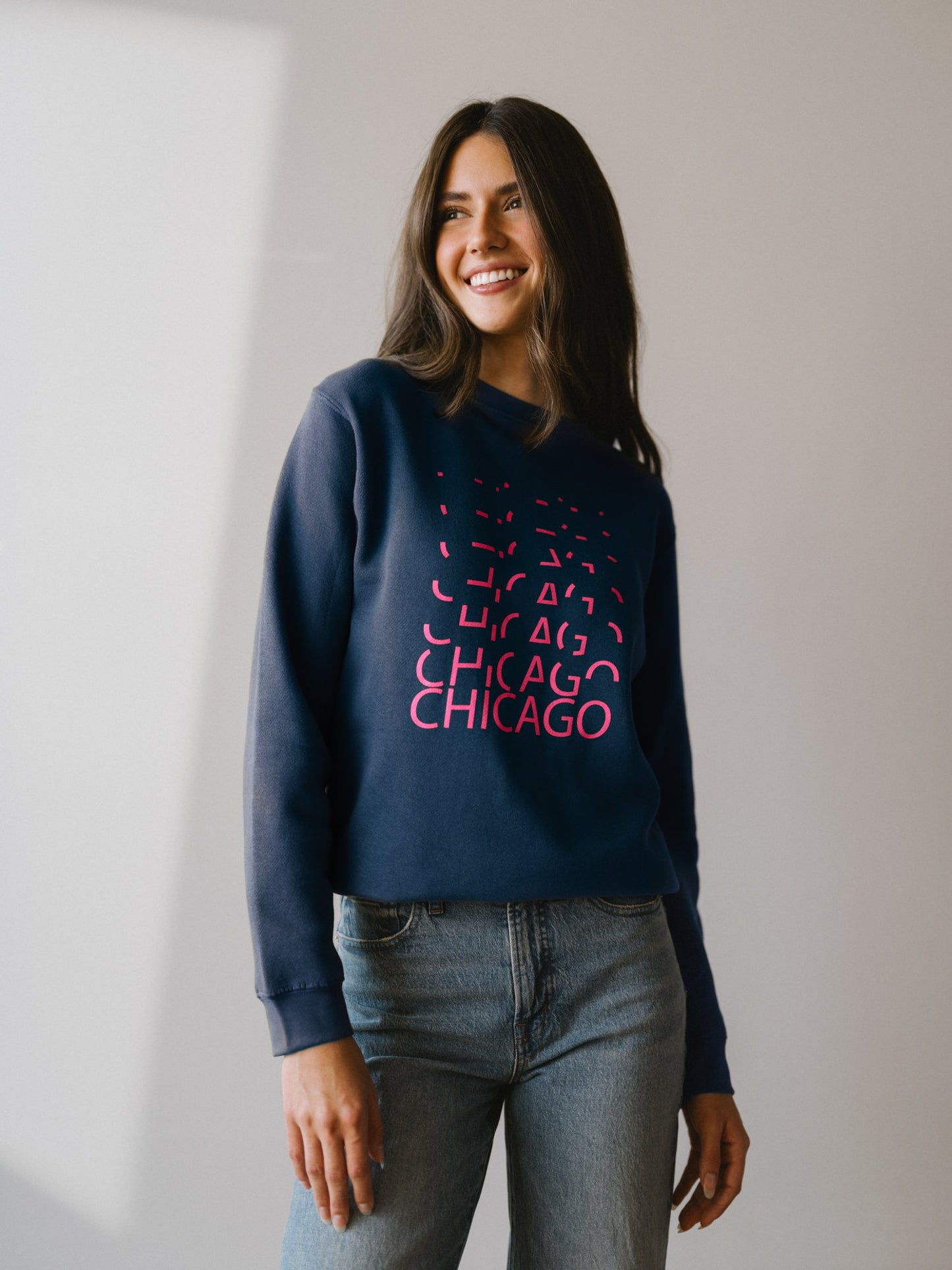 Chicago Lights Crewneck Sweatshirt in Navy/Hot Pink