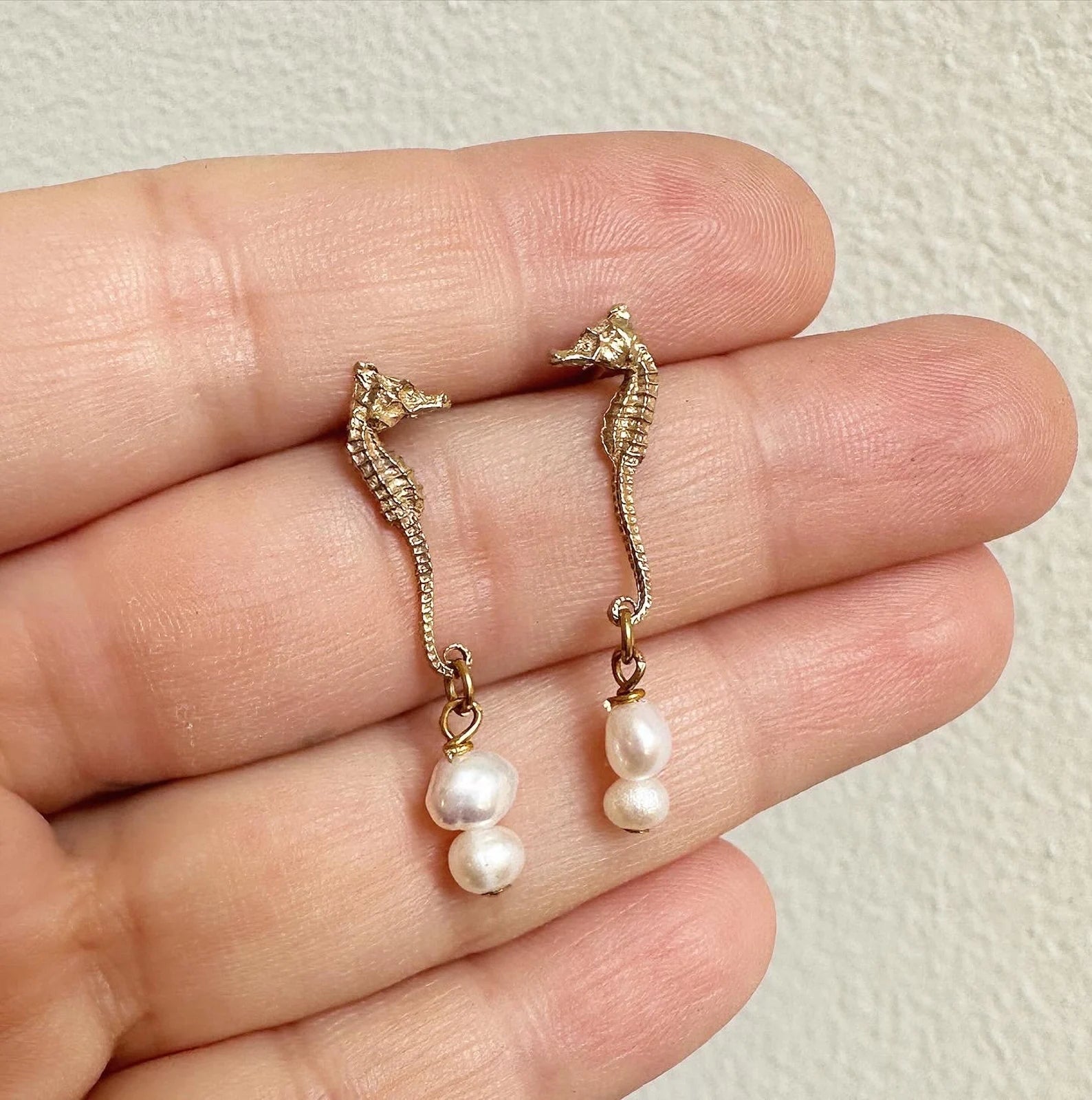 Seahorse Stud Earrings with Pearl Dangle