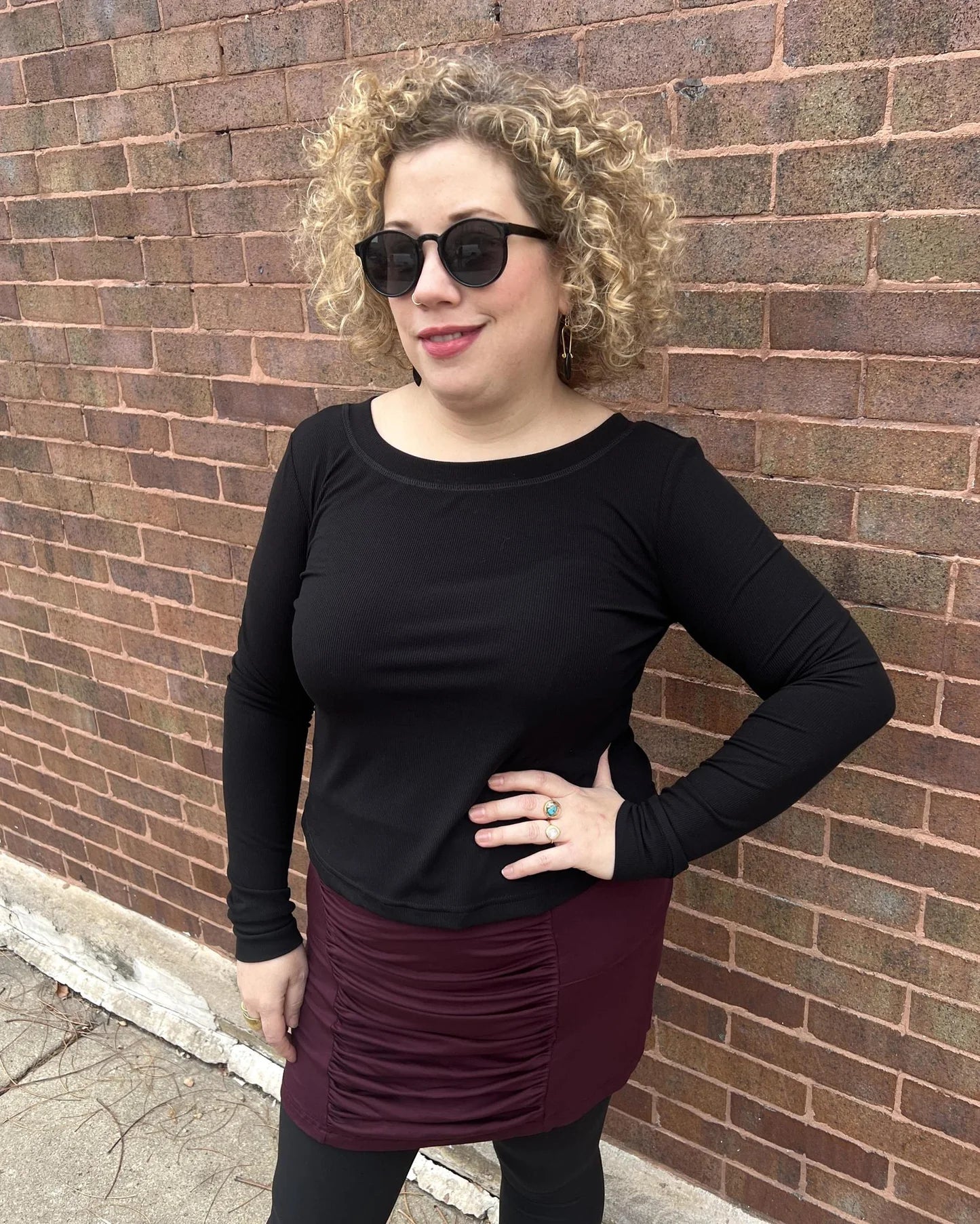 Long Sleeve Croppish Tee in Solid Black Rib Knit