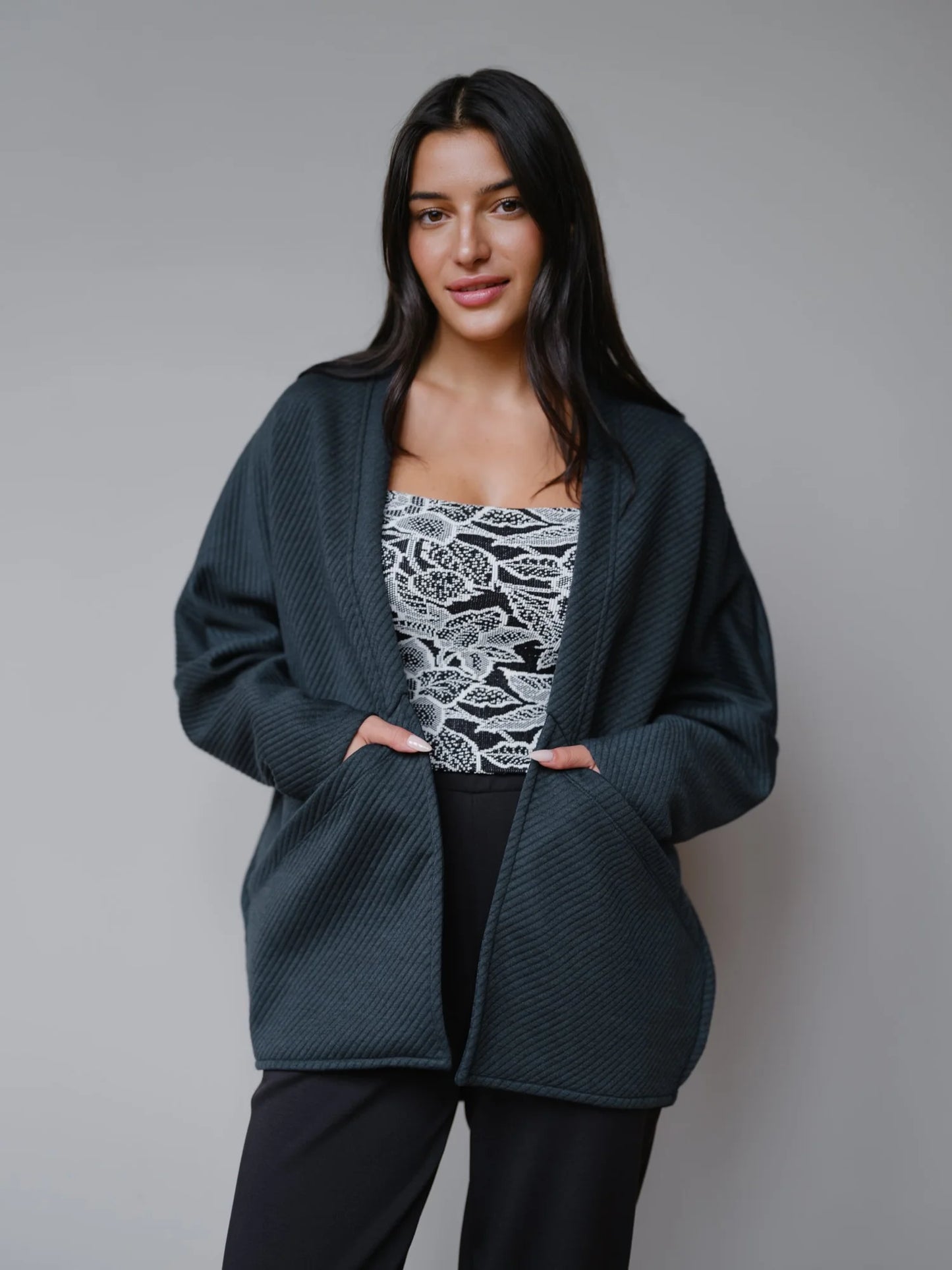 Louie Quilted Cardi in Evergreen