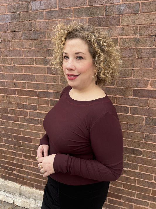 Long Sleeve Croppish Tee in Merlot Rib Knit