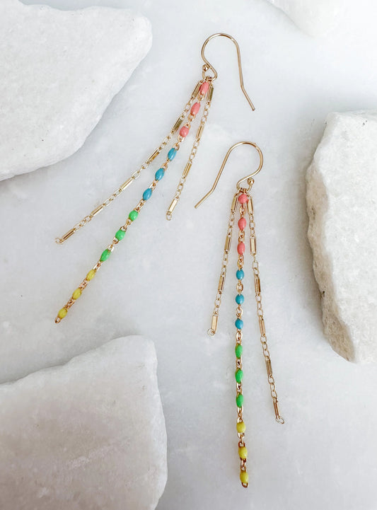Enameled Colorful Chain Fringe Earrings