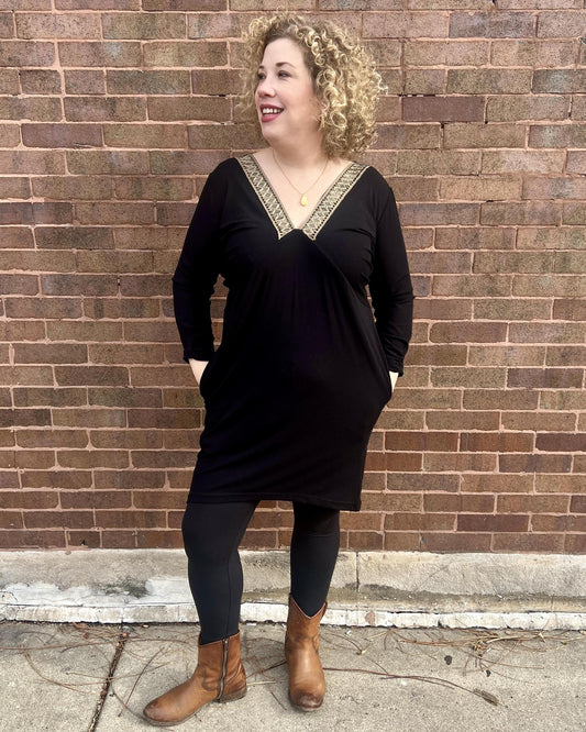 Drea Draped Dress in Black with Sage & Gold Vintage Trim