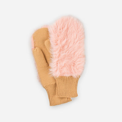 Faux Fur Knit Mittens in Camel Pink