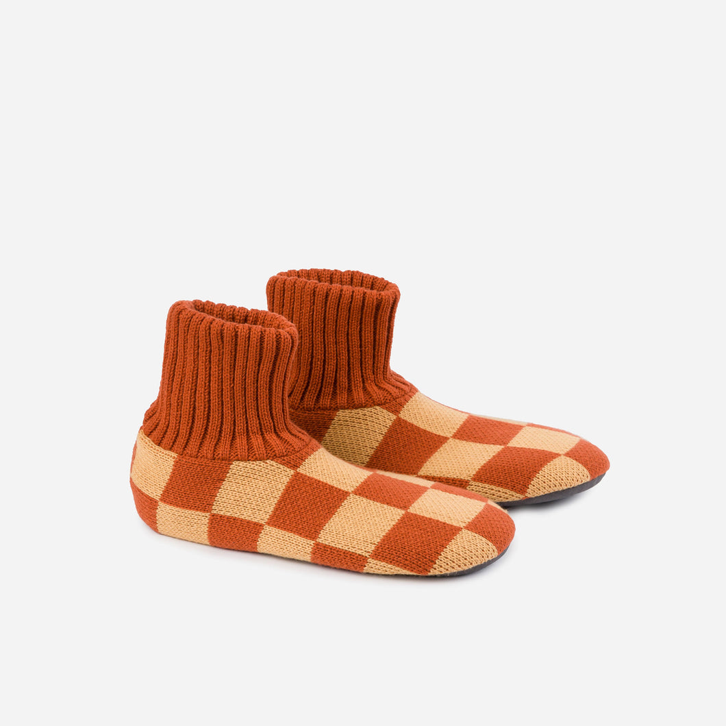 Checkerboard Knit Sock Slippers in Rust Camel