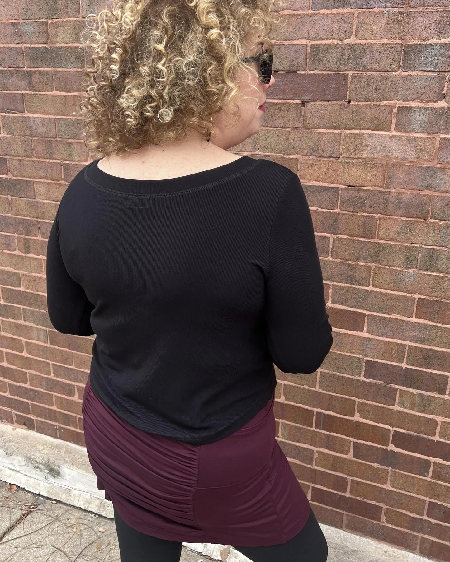 Long Sleeve Croppish Tee in Solid Black Rib Knit