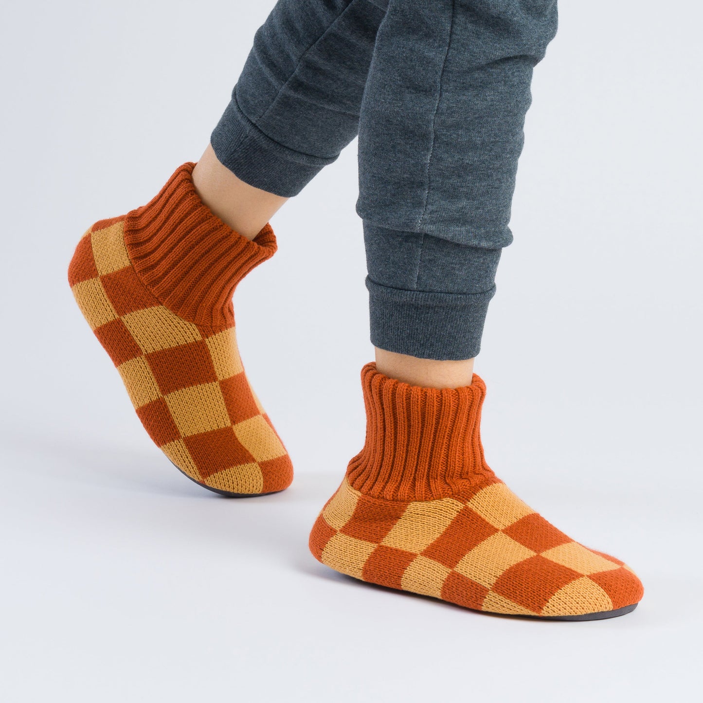 Checkerboard Knit Sock Slippers in Rust Camel