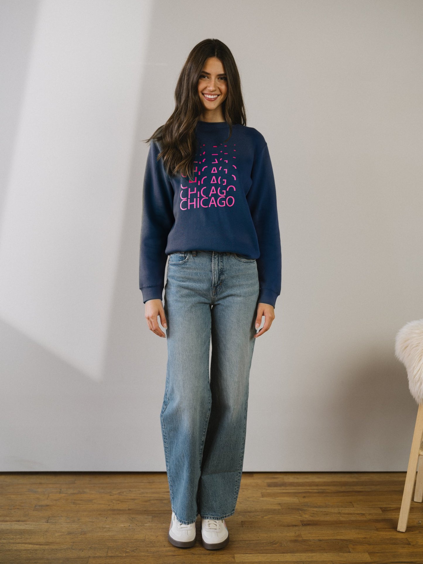 Chicago Lights Crewneck Sweatshirt in Navy/Hot Pink