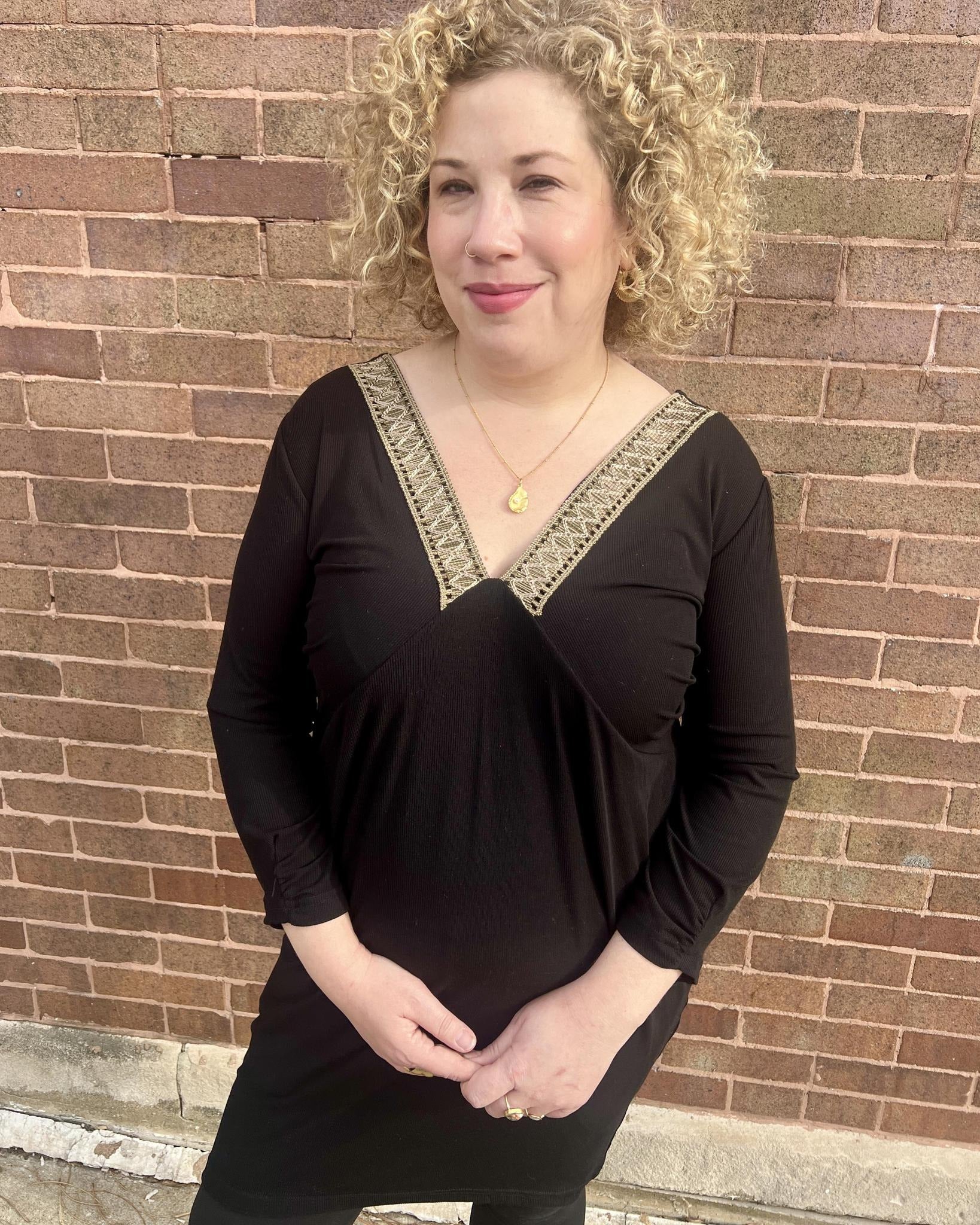 Drea Draped Dress in Black with Sage & Gold Vintage Trim