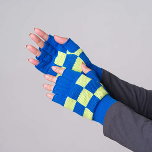 Checkerboard Knit Fingerless Gloves in Lime Cobalt