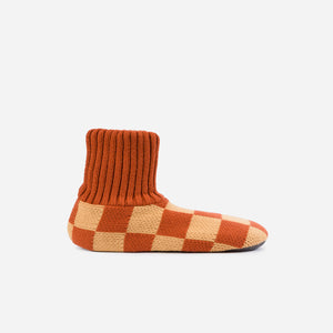 Checkerboard Knit Sock Slippers in Rust Camel