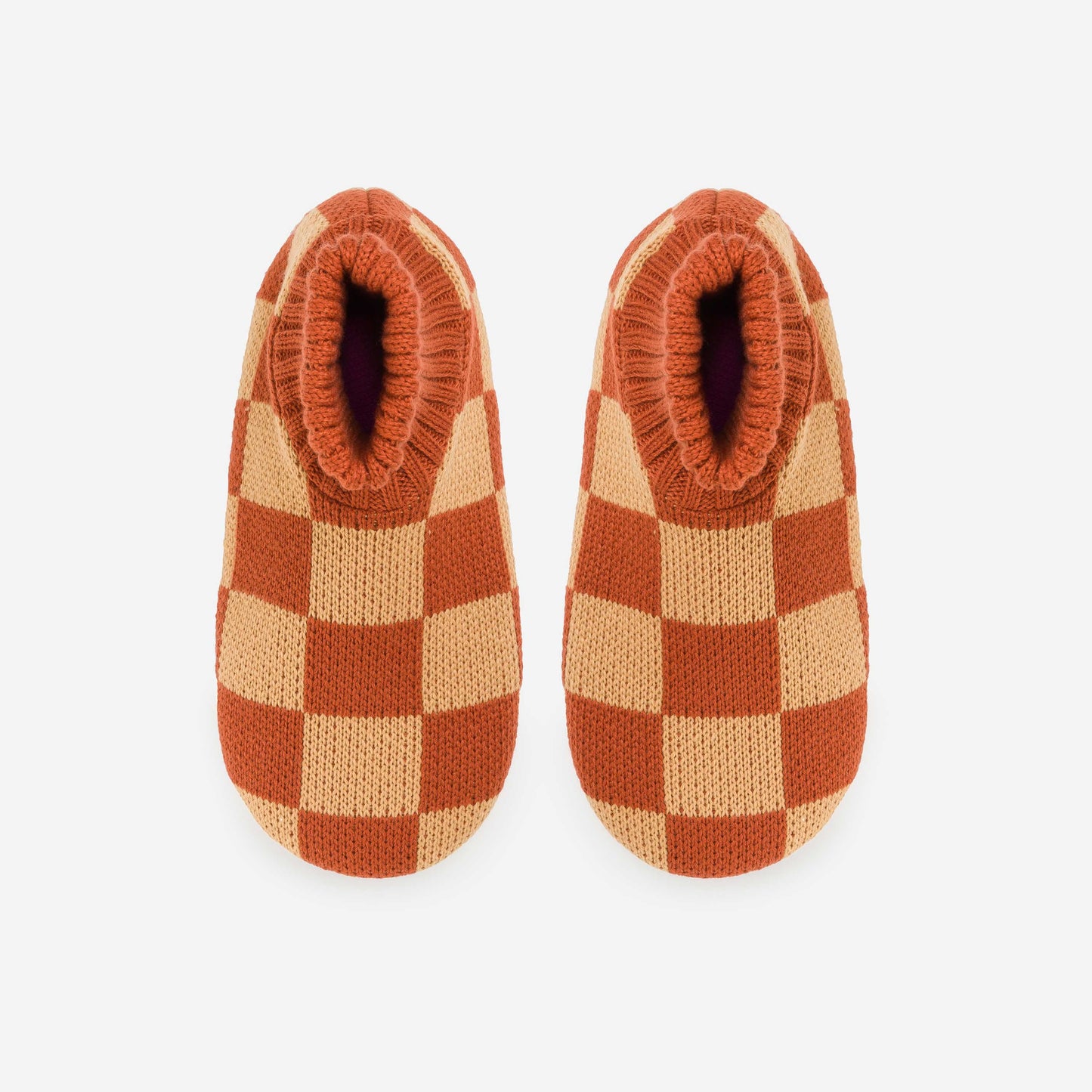 Checkerboard Knit Sock Slippers in Rust Camel