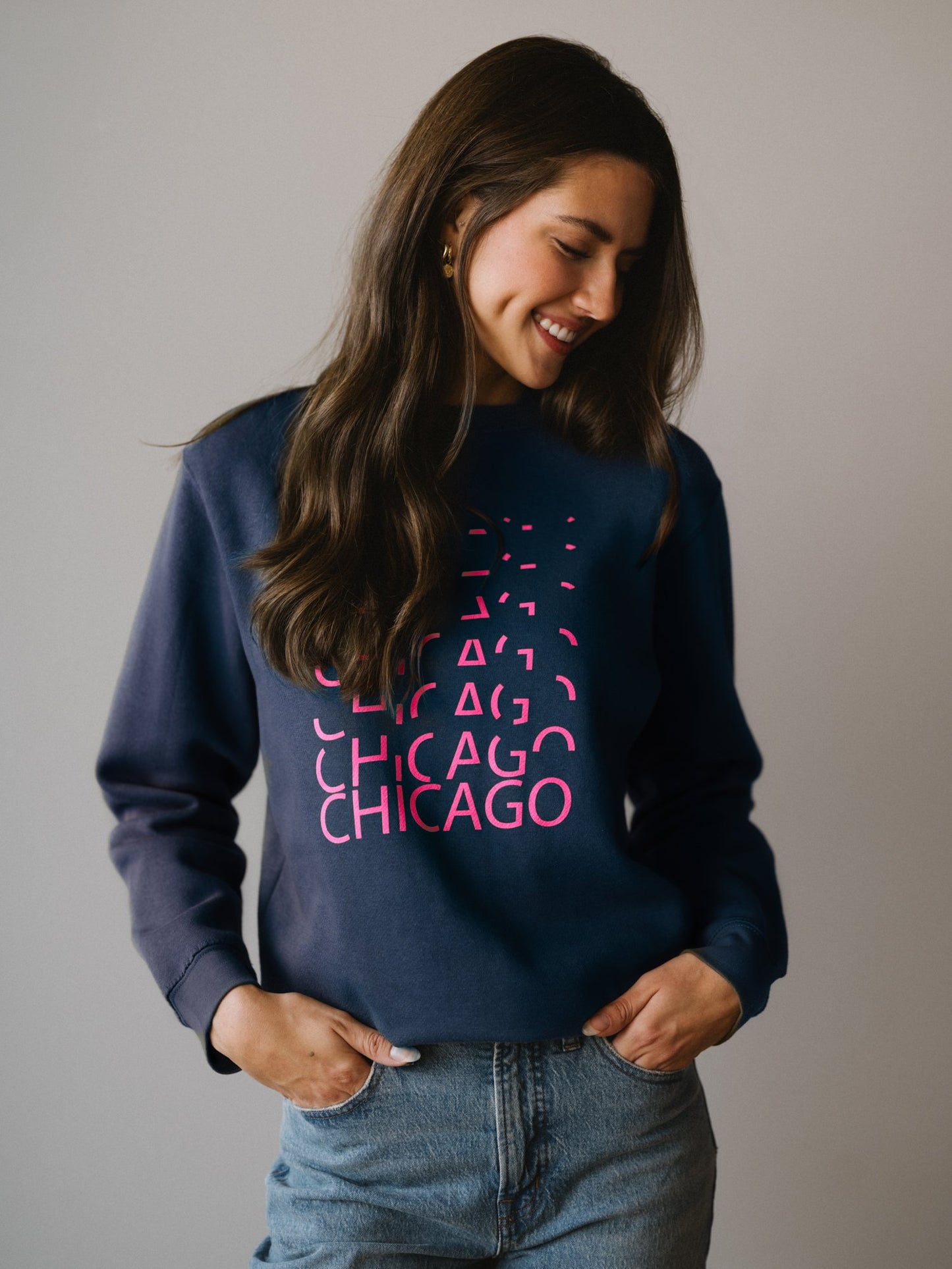 Chicago Lights Crewneck Sweatshirt in Navy/Hot Pink