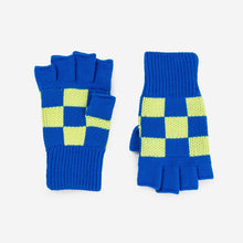 Checkerboard Knit Fingerless Gloves in Lime Cobalt