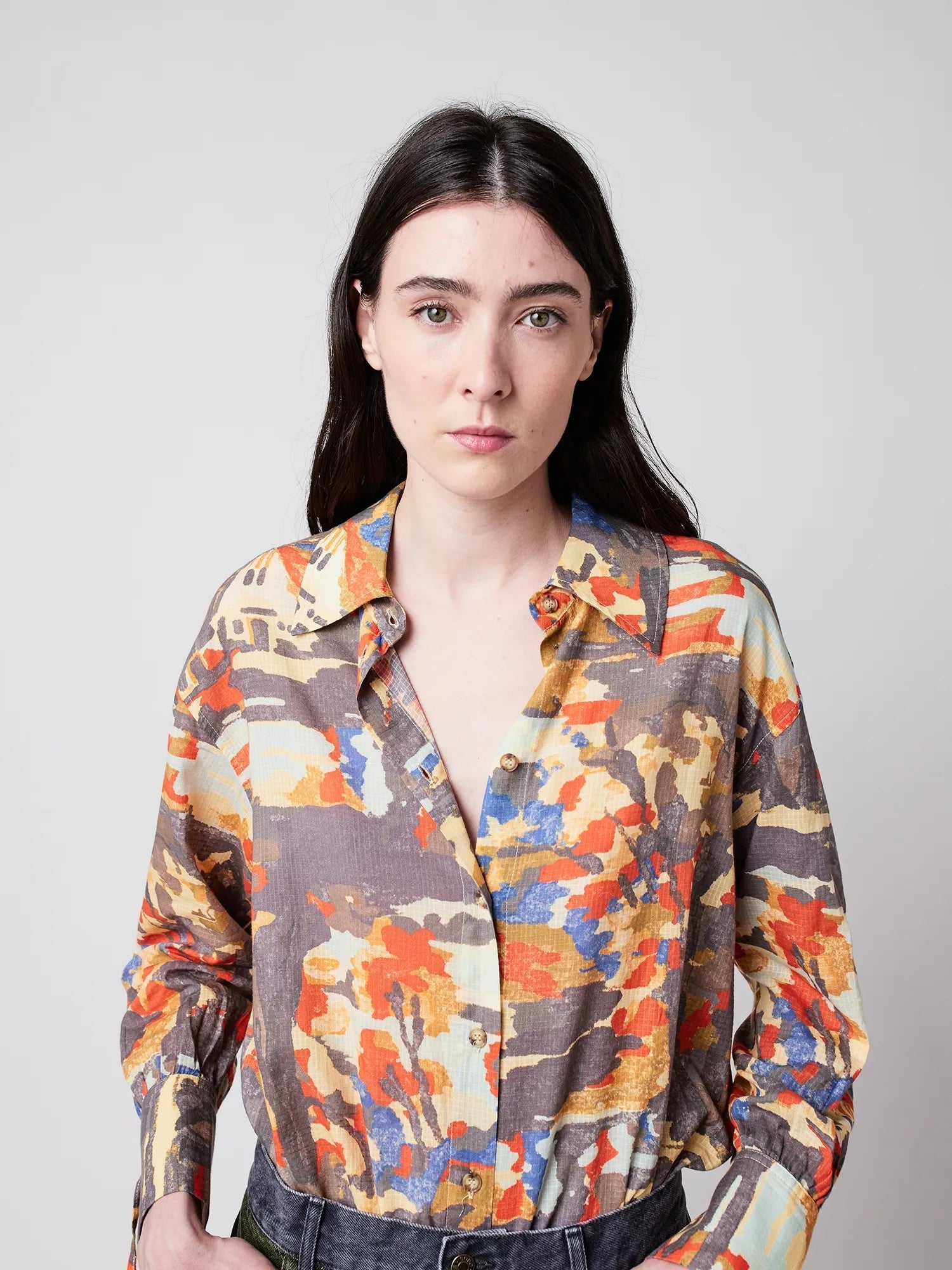 Forest House Pattern Relaxed Button Down Shirt