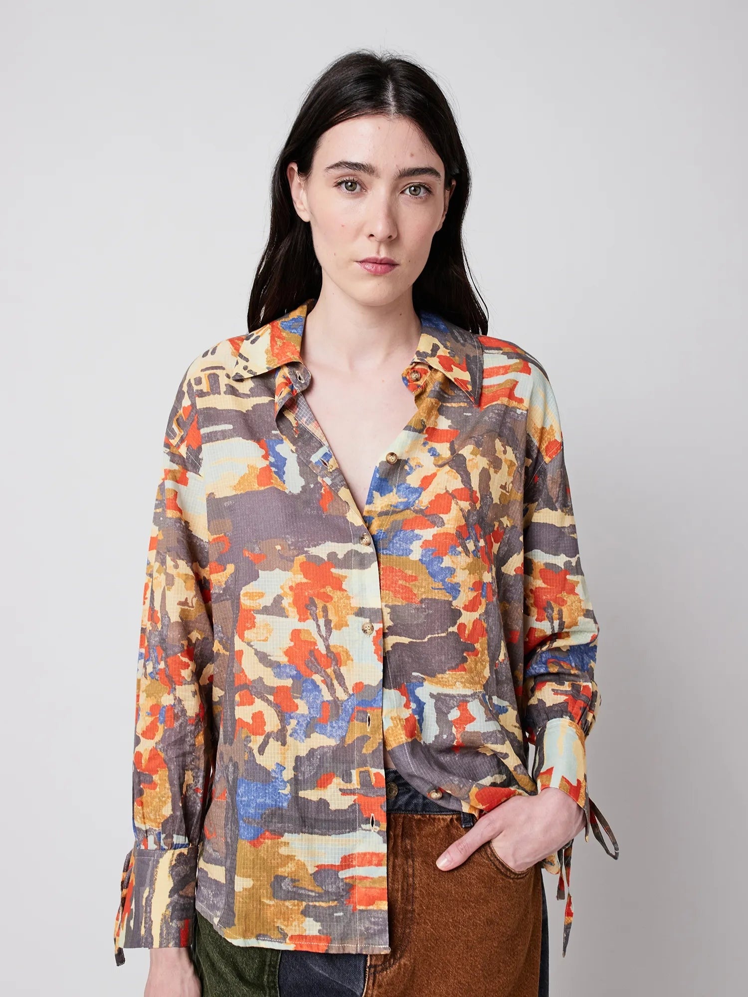 Forest House Pattern Relaxed Button Down Shirt