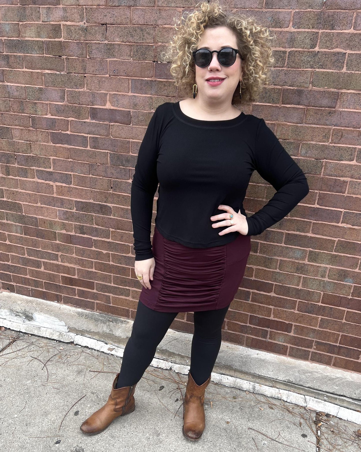 Long Sleeve Croppish Tee in Solid Black Rib Knit