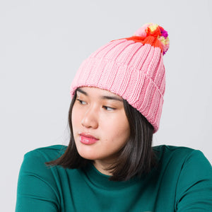 Pom Pom Color Blocked Beanie