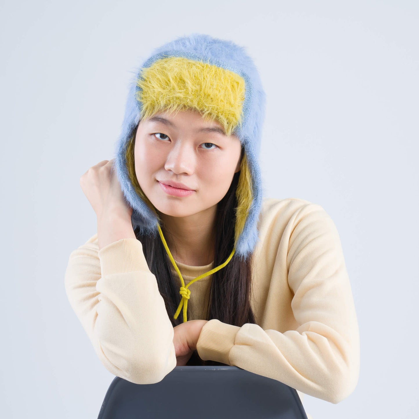 Faux Fur Trapper Hat in Periwinkle Golden Olive