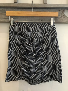 Ruched Mini Skirt in Black with White Linear Block Print