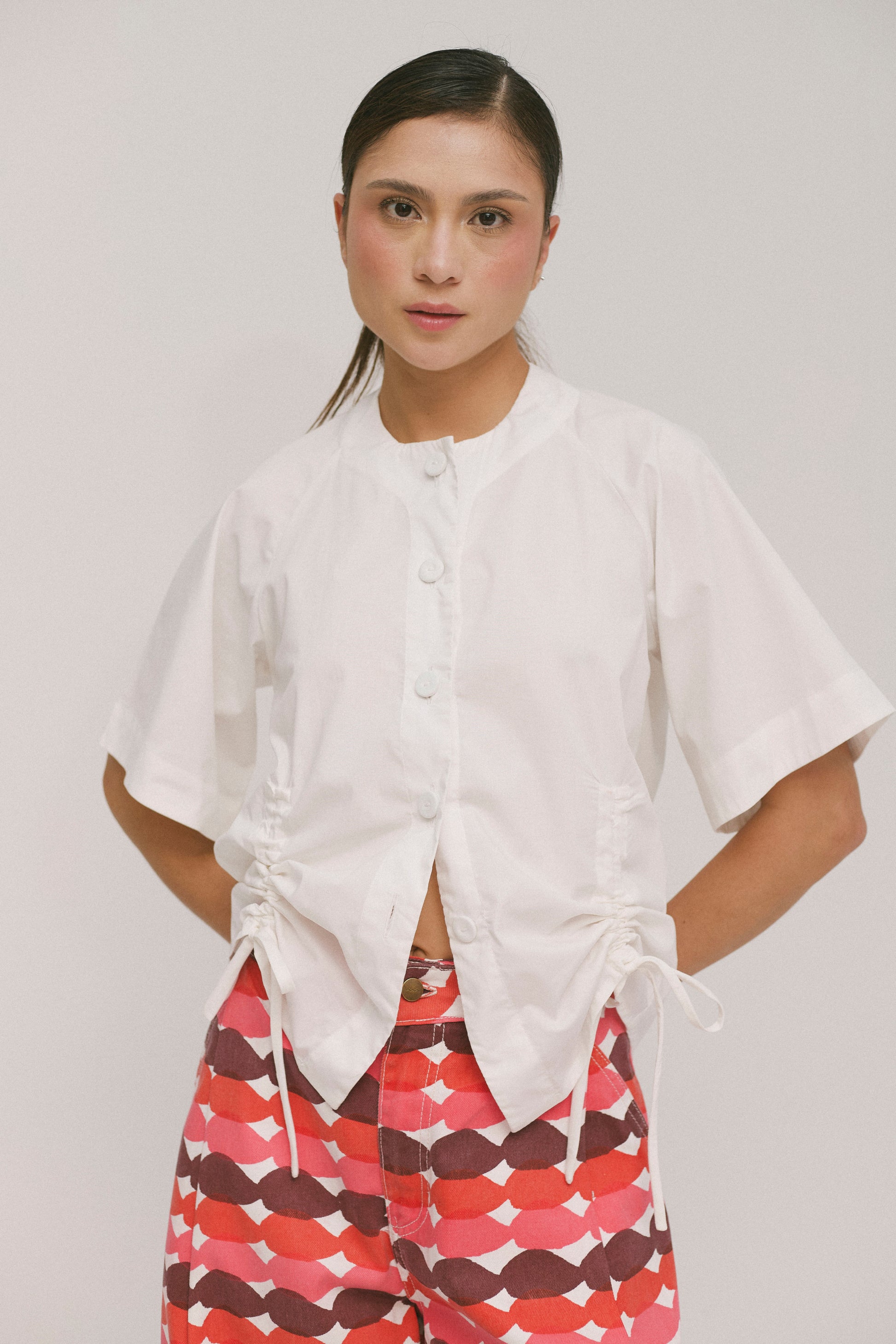 Cinched Short Sleeve Button Up