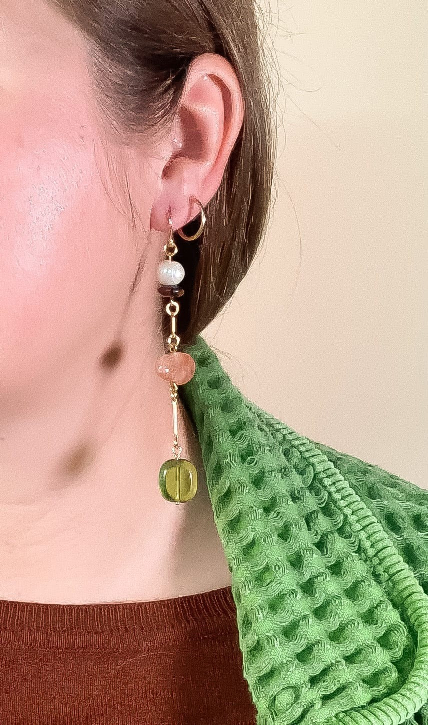 Composition Earrings in Sunstone, Pearl, Mahogany Obsidian, Glass