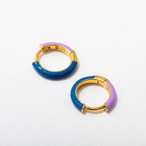 Two Tone Enamel Huggie Hoops in Blue + Purple