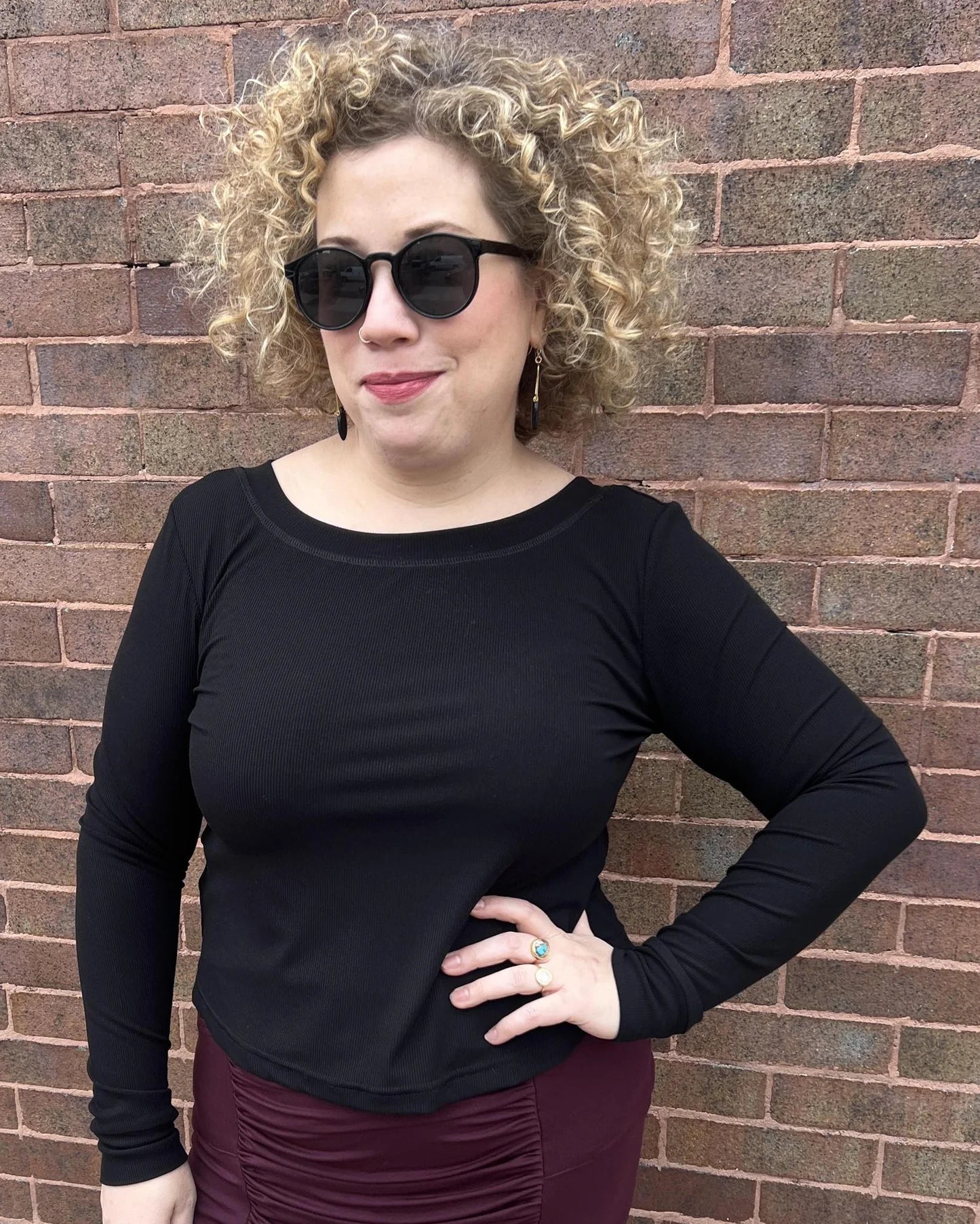 Long Sleeve Croppish Tee in Solid Black Rib Knit