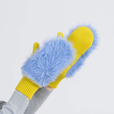 Faux Fur Mittens in Periwinkle Golden Olive