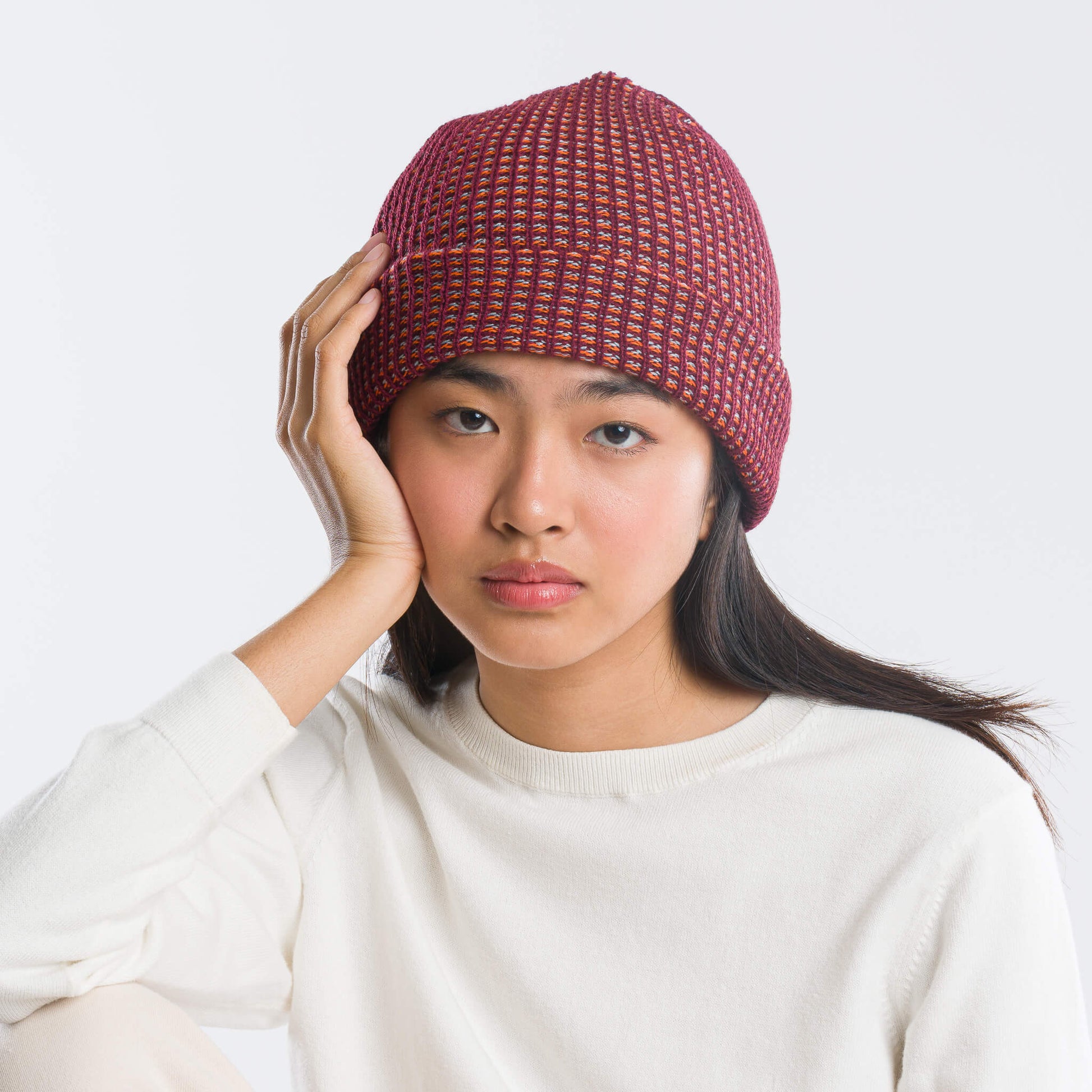 Simple Grid Knit Beanie - Wine Red