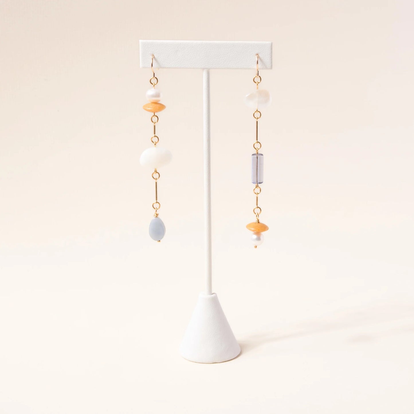 Moonstone, Pearl, Angelite, and Yellow Jade Composition Earrings