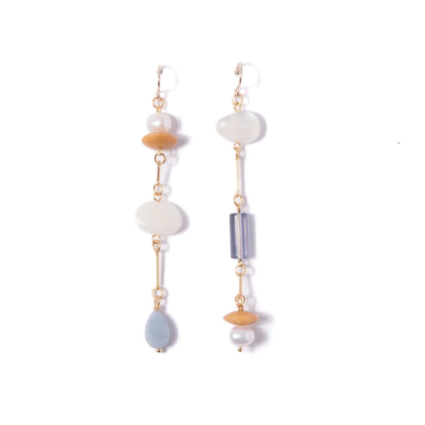 Moonstone, Pearl, Angelite, and Yellow Jade Composition Earrings