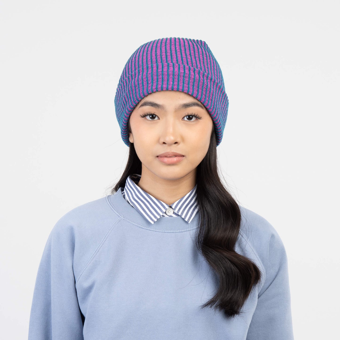 Simple Rib Knit Beanie in Teal Magenta
