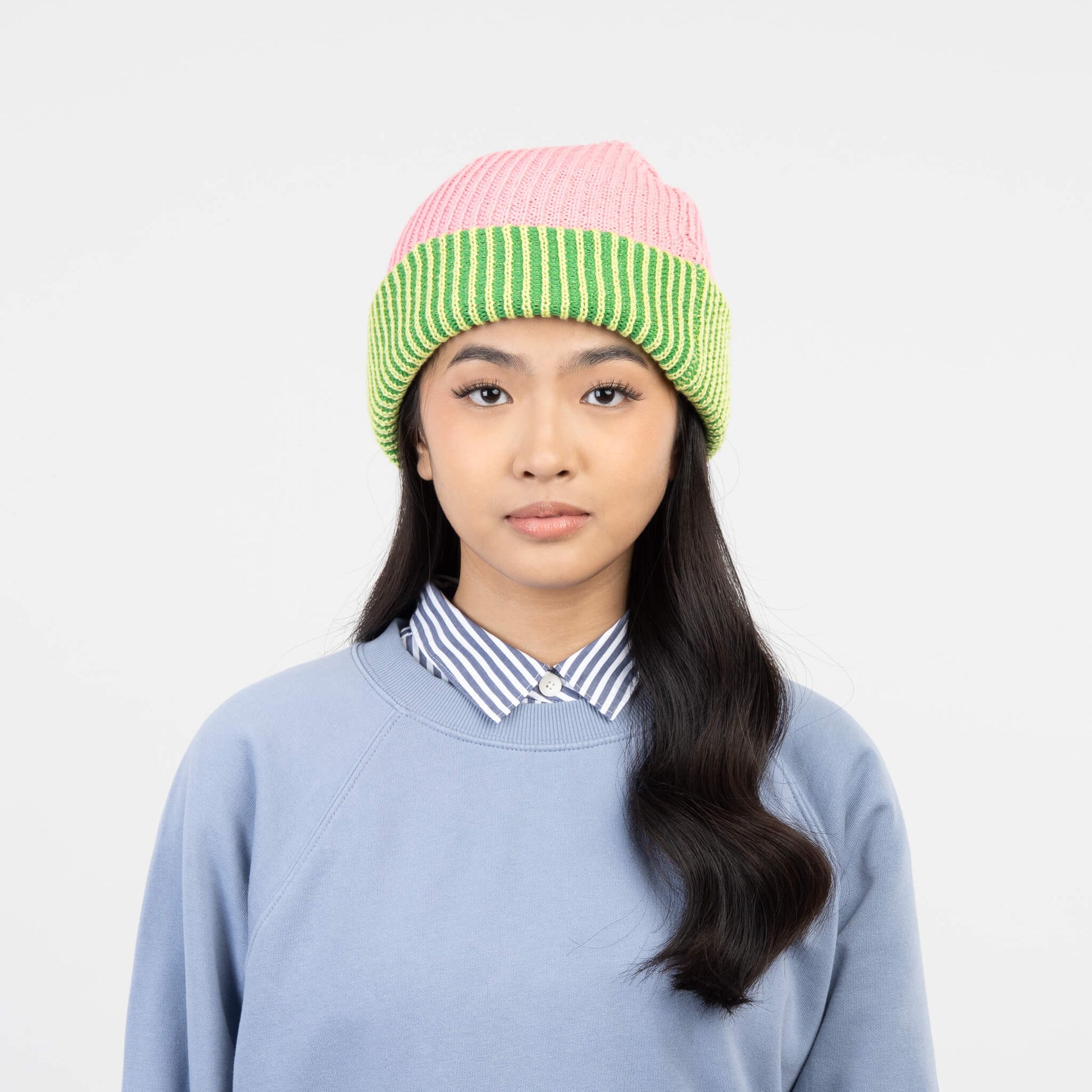 Stripe Cuff Plush Beanie - Pink Lime
