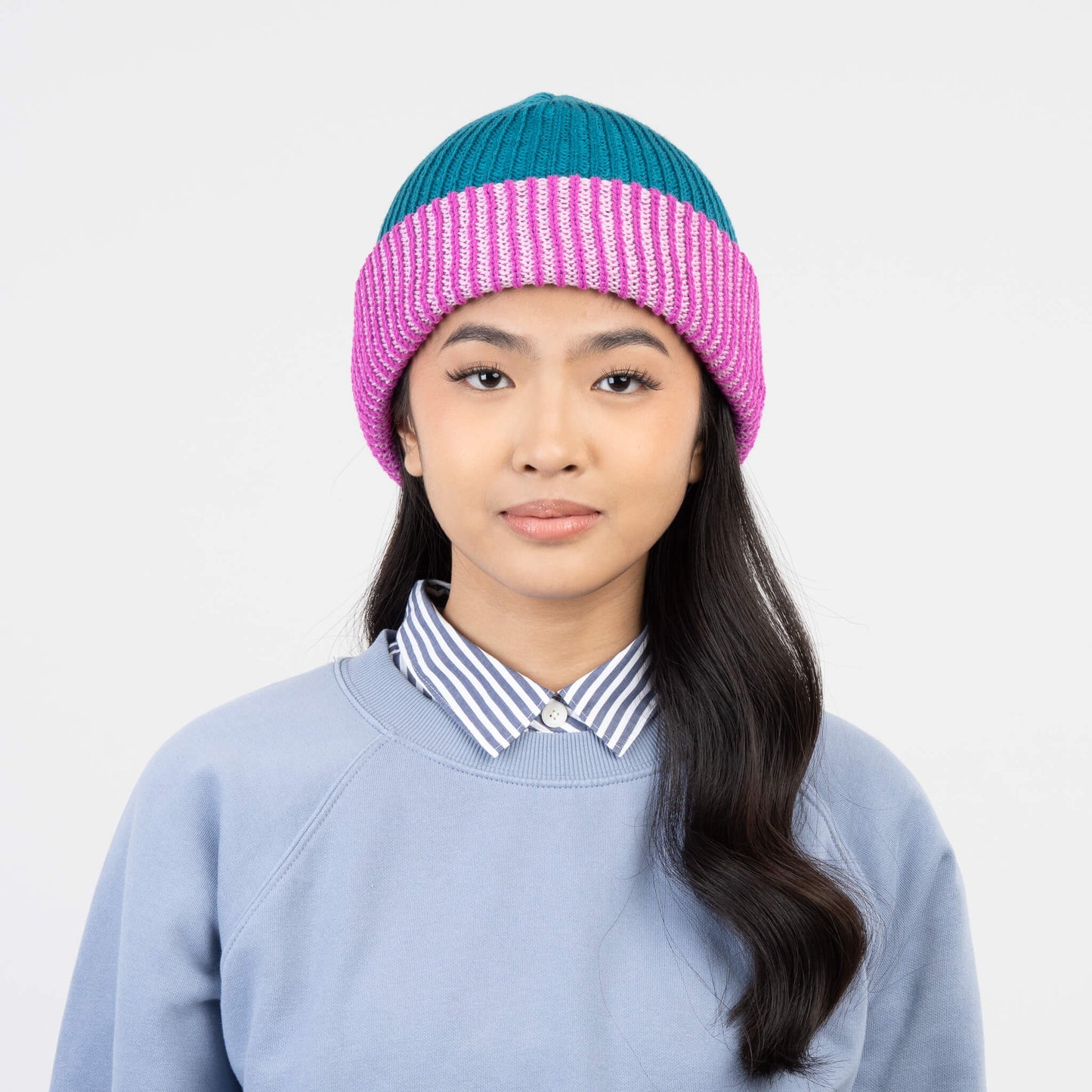 Stripe Cuff Plush Beanie - Teal Magenta