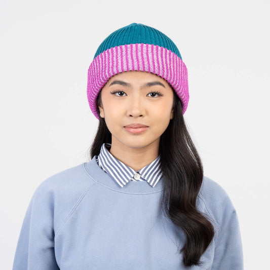 Stripe Cuff Plush Beanie - Teal Magenta
