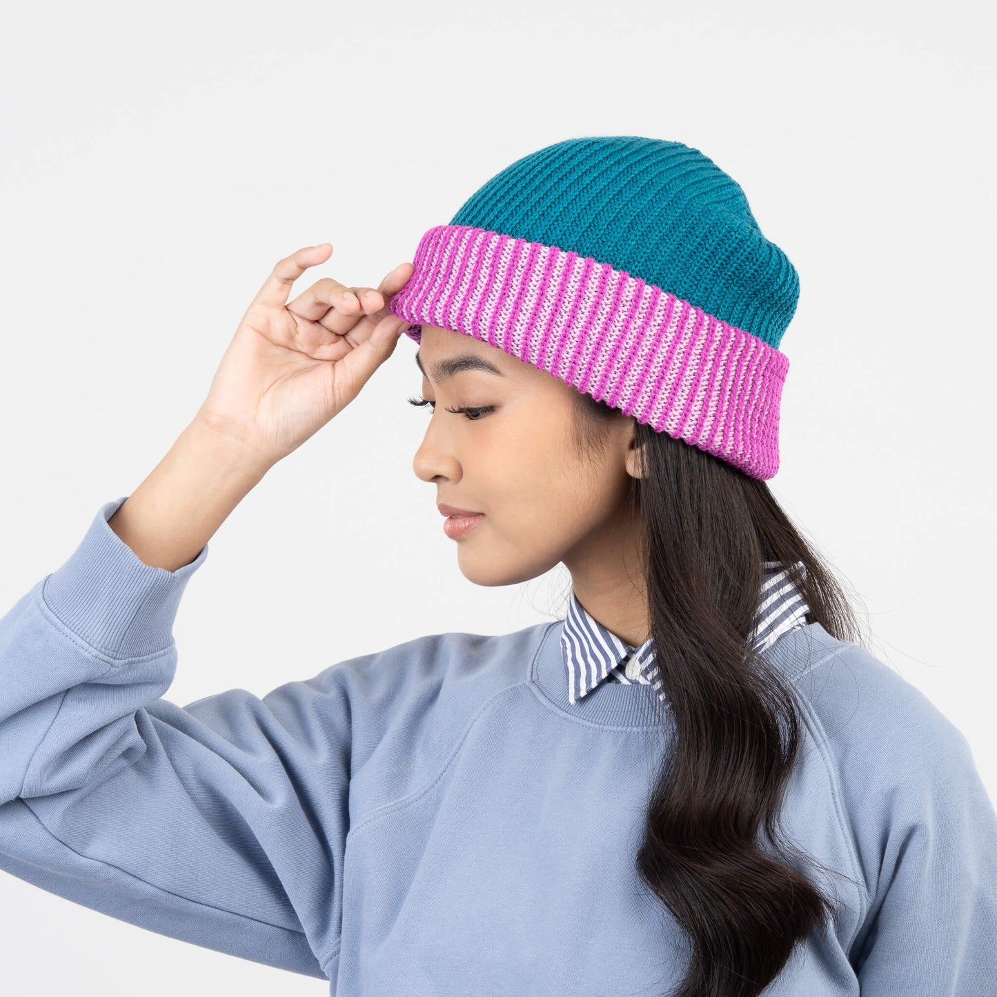 Stripe Cuff Plush Beanie - Teal Magenta