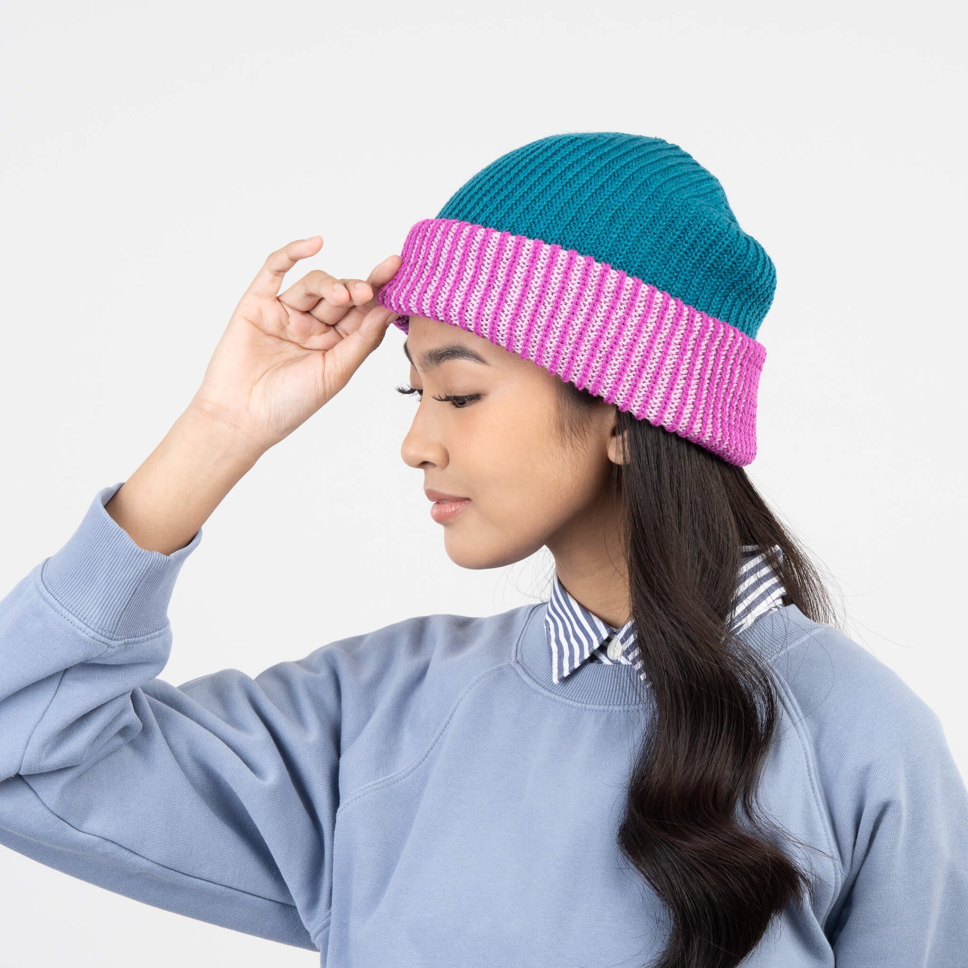 Stripe Cuff Plush Beanie - Teal Magenta