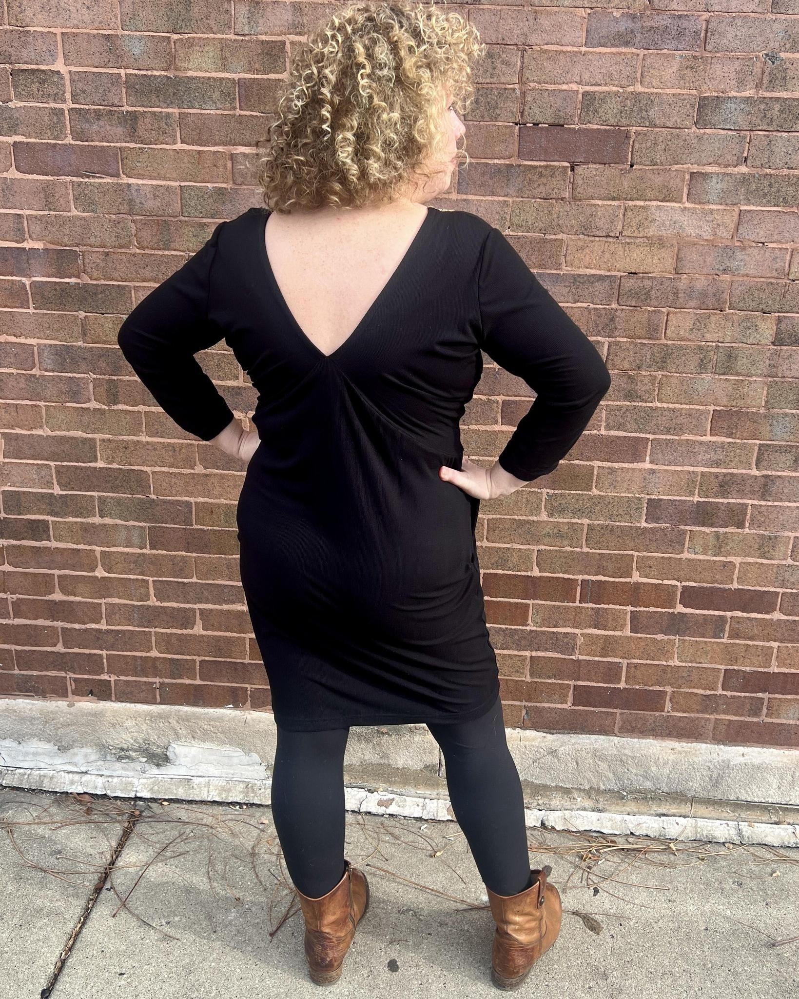 Drea Draped Dress in Black with Sage & Gold Vintage Trim