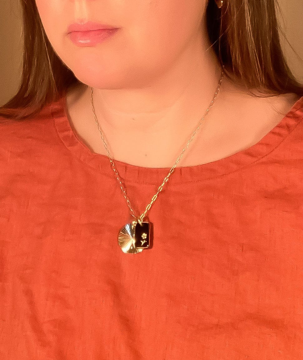 Black Glass & Sunburst Charm Necklace